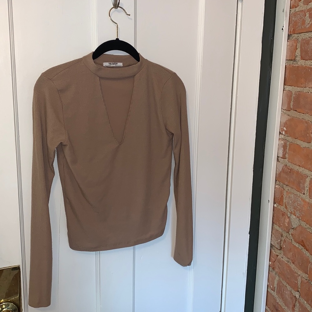 Zara - tan, long sleeve, plunge neck with collar top
